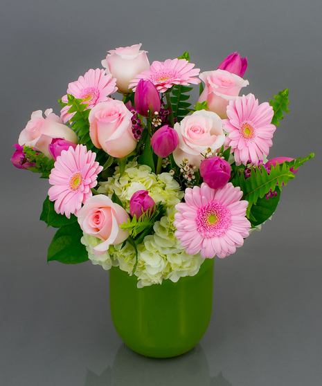 We will take our most beautiful roses, tulips, gerbera daisies, hydrangea, and cymbidium orchids and create a masterpiece in a soft color pallette. 