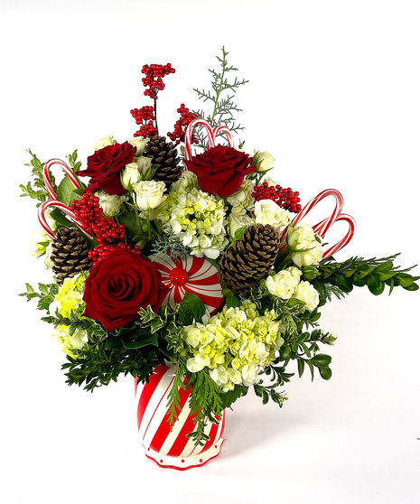 peppermint swirl holiday flower arrangement