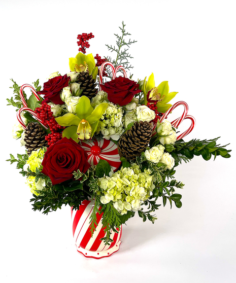 peppermint swirl holiday flower arrangement