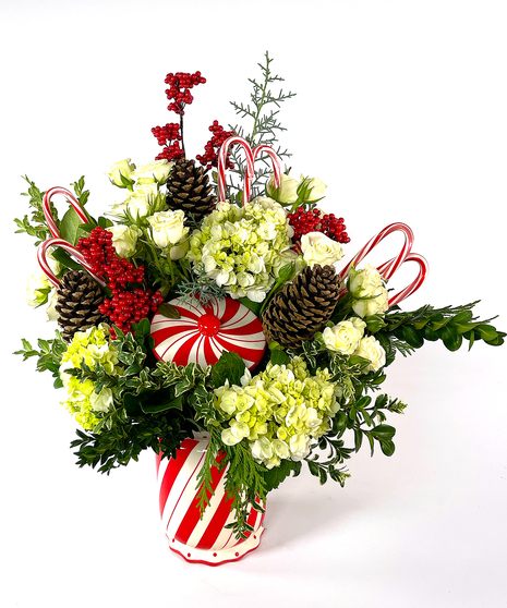 peppermint swirl holiday flower arrangement
