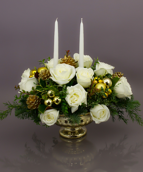The Biltmore centerpiece will be the talk of the party with it's beautiful gold container, elegant white roses and beautiful seasonal evergreens.