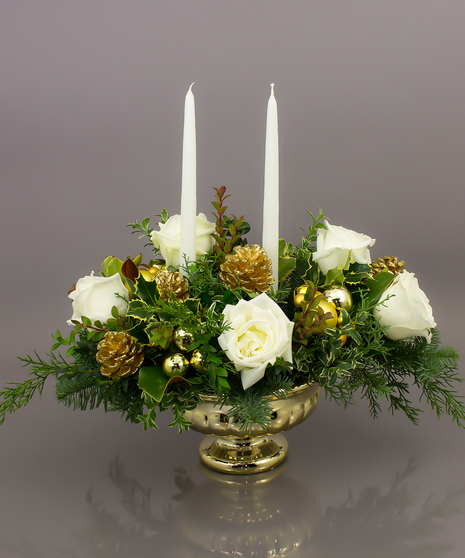 The Biltmore centerpiece will be the talk of the party with it's beautiful gold container, elegant white roses and beautiful seasonal evergreens.