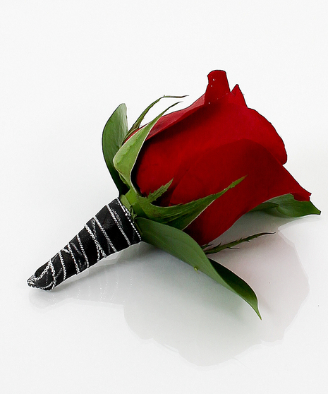 Red Rose Boutonniere with Black/Silver Wrap