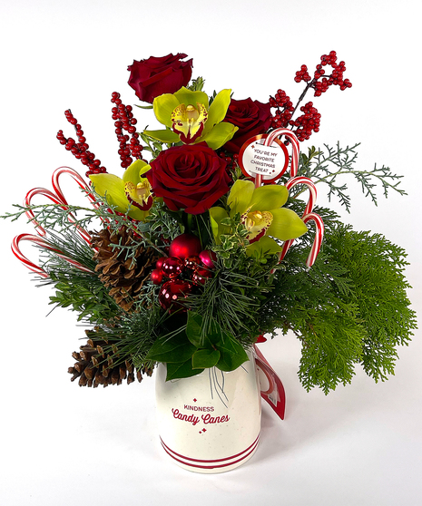 candy cane themed floral arrangement