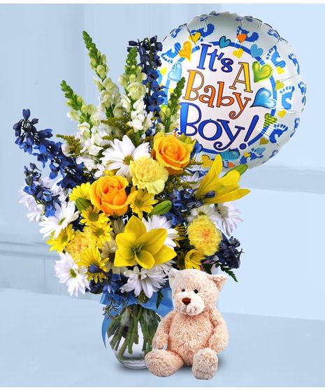 beautiful vase of assorted fresh cut flowers. includes a plush keepsake teddy bear and mylar balloon.